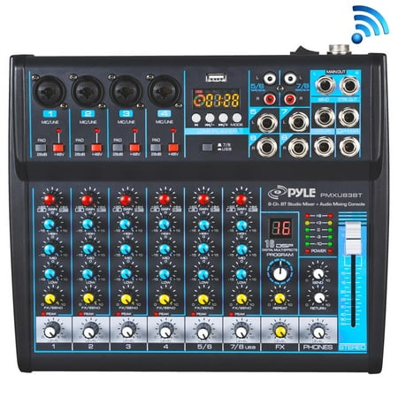 Pyle 8-Ch. Studio DJ Mixer [Audio Interface Mixing Sound System] BT Wireless Streaming | USB/Computer Connection Interface | MP3 Support | +48V Phantom