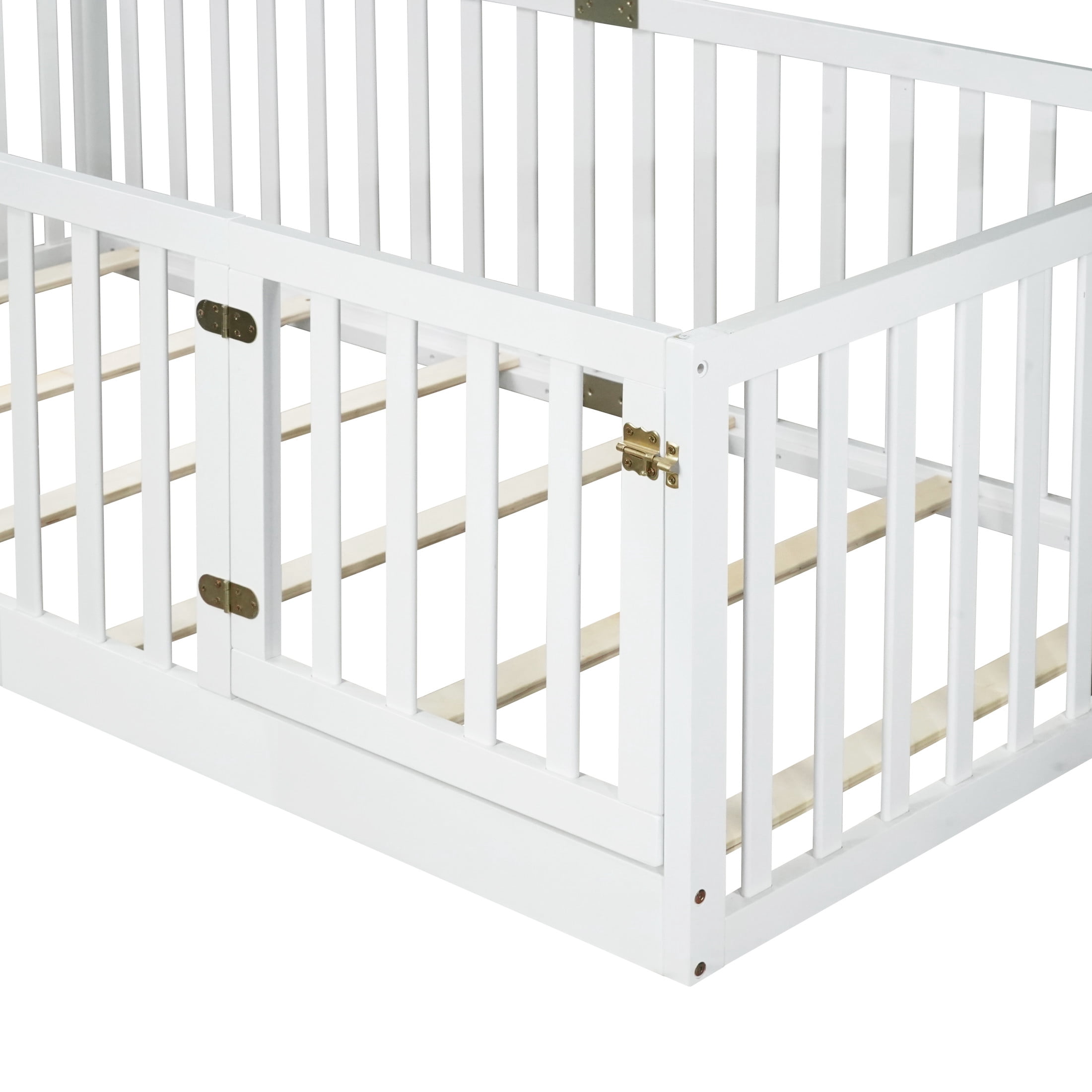 Noble House Nira Twin Floor Bed with High Fence and Door, Rubber Wood Montessori Bed Frame, Kids' Room, White