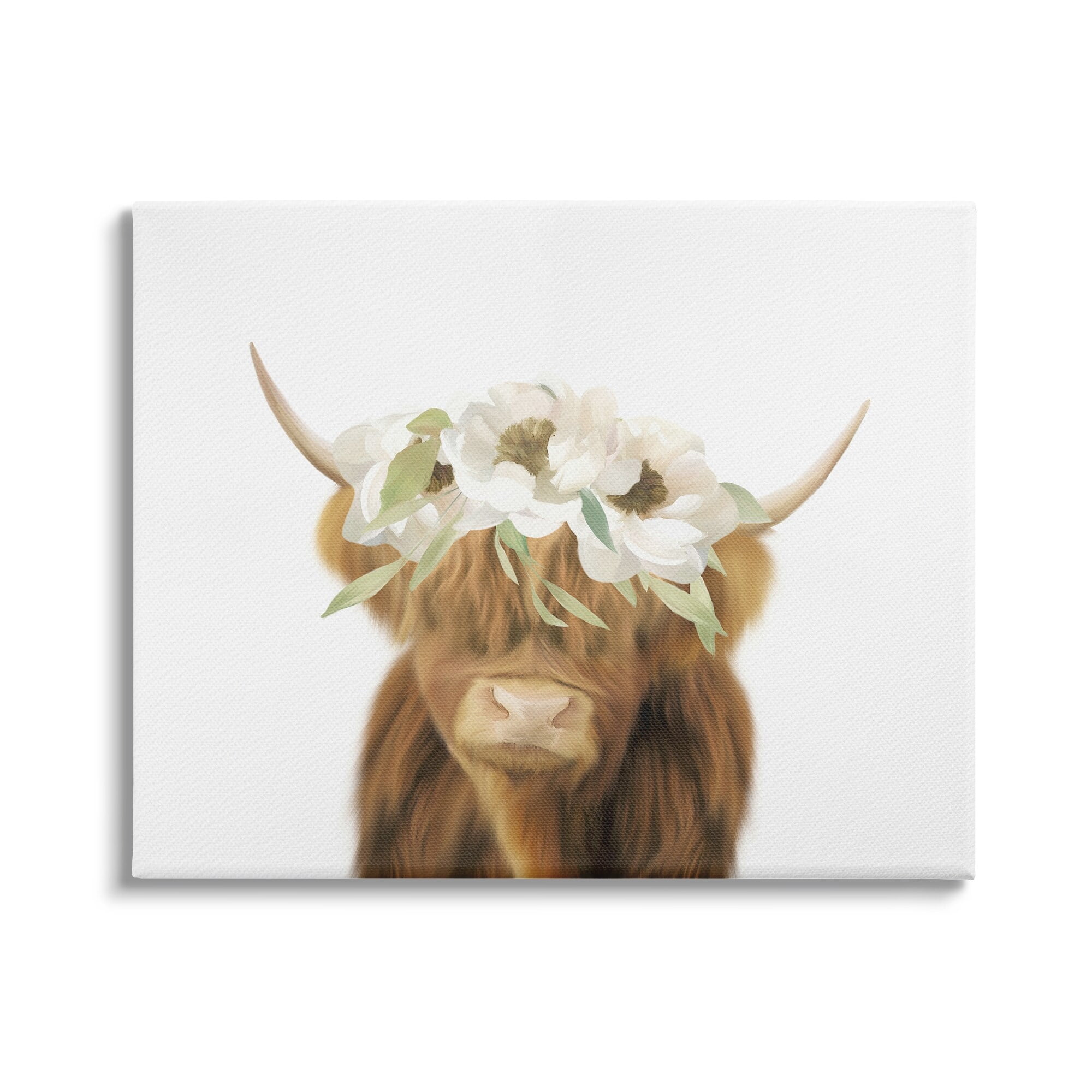 Stupell Industries Highland Cattle White Flower Crown Minimal Design , 30 x 24, Design by Leah Straatsma