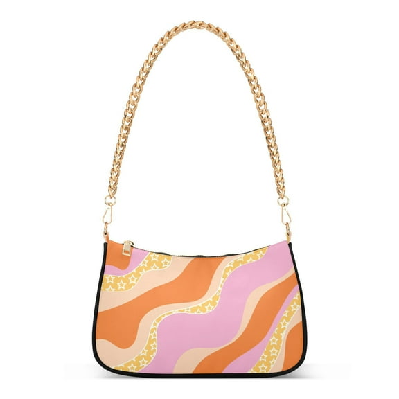 Womens Chain Shoulder Bag Pink and Orange Print Classic Tote Handbags Fashion Clutch Hobo Purse with Zipper for Travel Casual