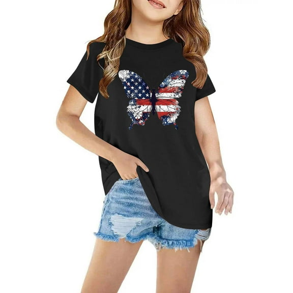 Tdoqot Girls 4th of July Shirts- Short Sleeve Summer T Shirts Fashion Cotton Kids Clothes Tops Black Size 3 T