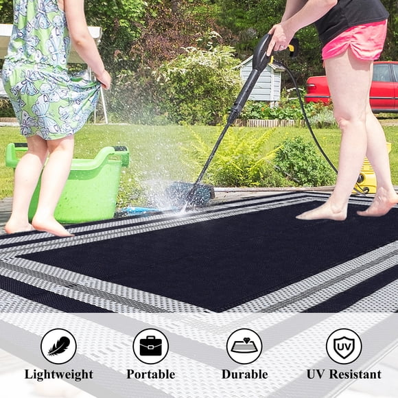 8x10 Outdoor Rug – Waterproof Reversible Plastic Straw Mat – Modern Border – RV, Patio, Camping, Balcony, Deck, Backyard & Porch – Indoor/Outdoor, Navy and White