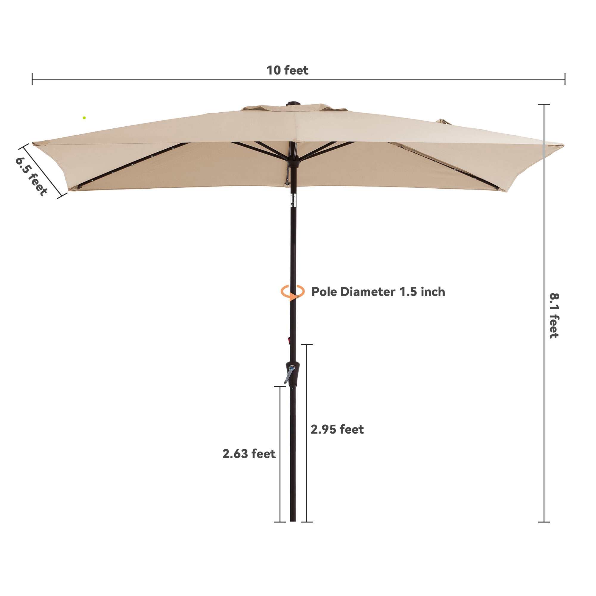 FANDAZE 6.5'x10' Solar LED Rectangular Patio Umbrella with Crank, 6 Heavy-Duty Ribs UV Protection for Garden, Deck, Backyard and Poolside, Beige