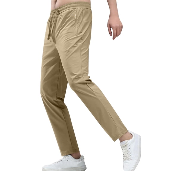 CQONEPT Mens Pants Lounge Loose Fit Stretchy Pant with Zip Pocket Drawstring Slim Fit Elastic Waisted Camping Trousers Khaki 3XL