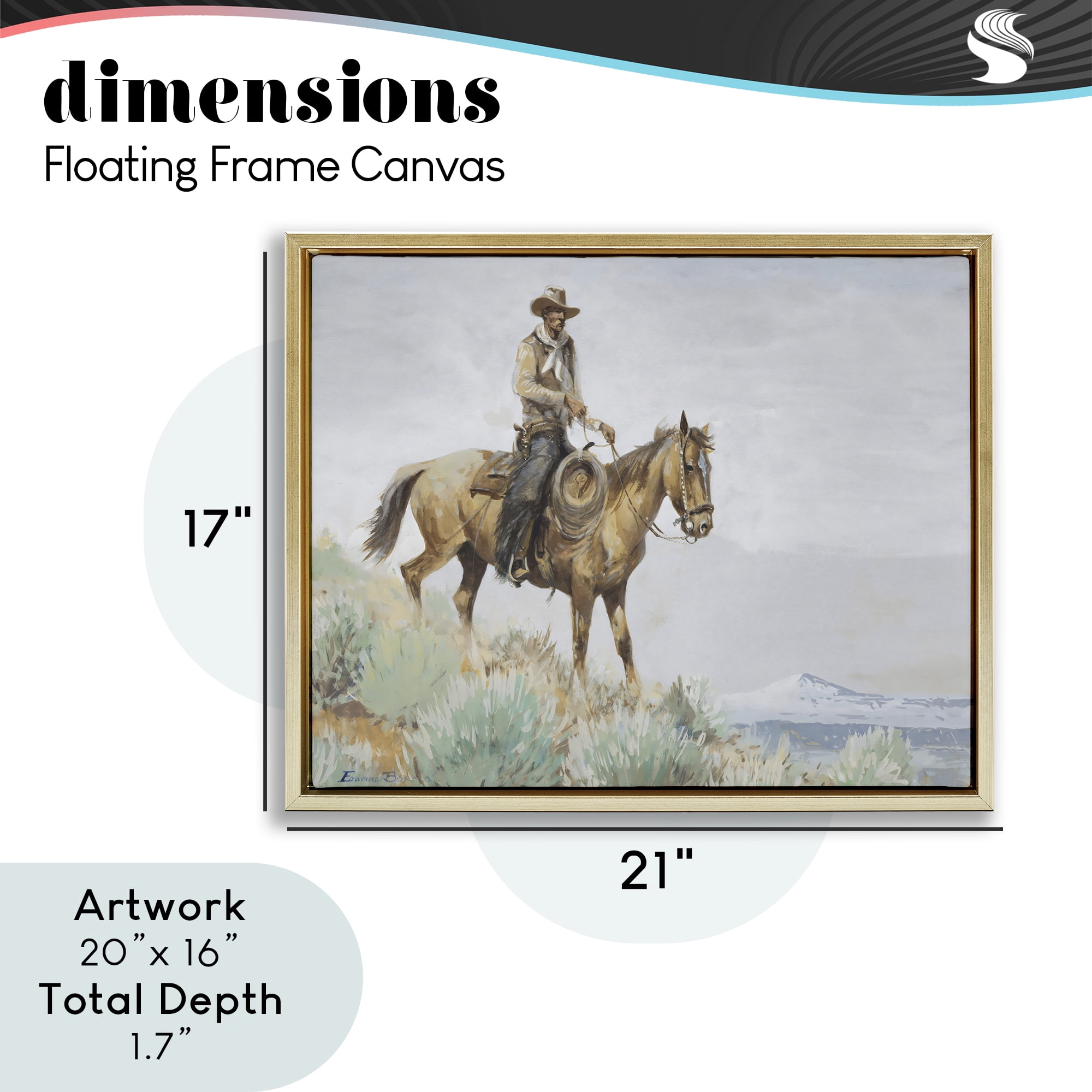 Stupell Industries Mounted Cowboy on Sagebrush Ridge Gold Framed Floater Canvas Wall Art, design by Arlington Prints