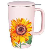 18oz Tall Ceramic Tea Mug with Infuser & Lid - Sunflower Coffee Cup with Stainless Steel Strainer - Dishwasher Safe Loose Leaf Brewing Kit - Pink