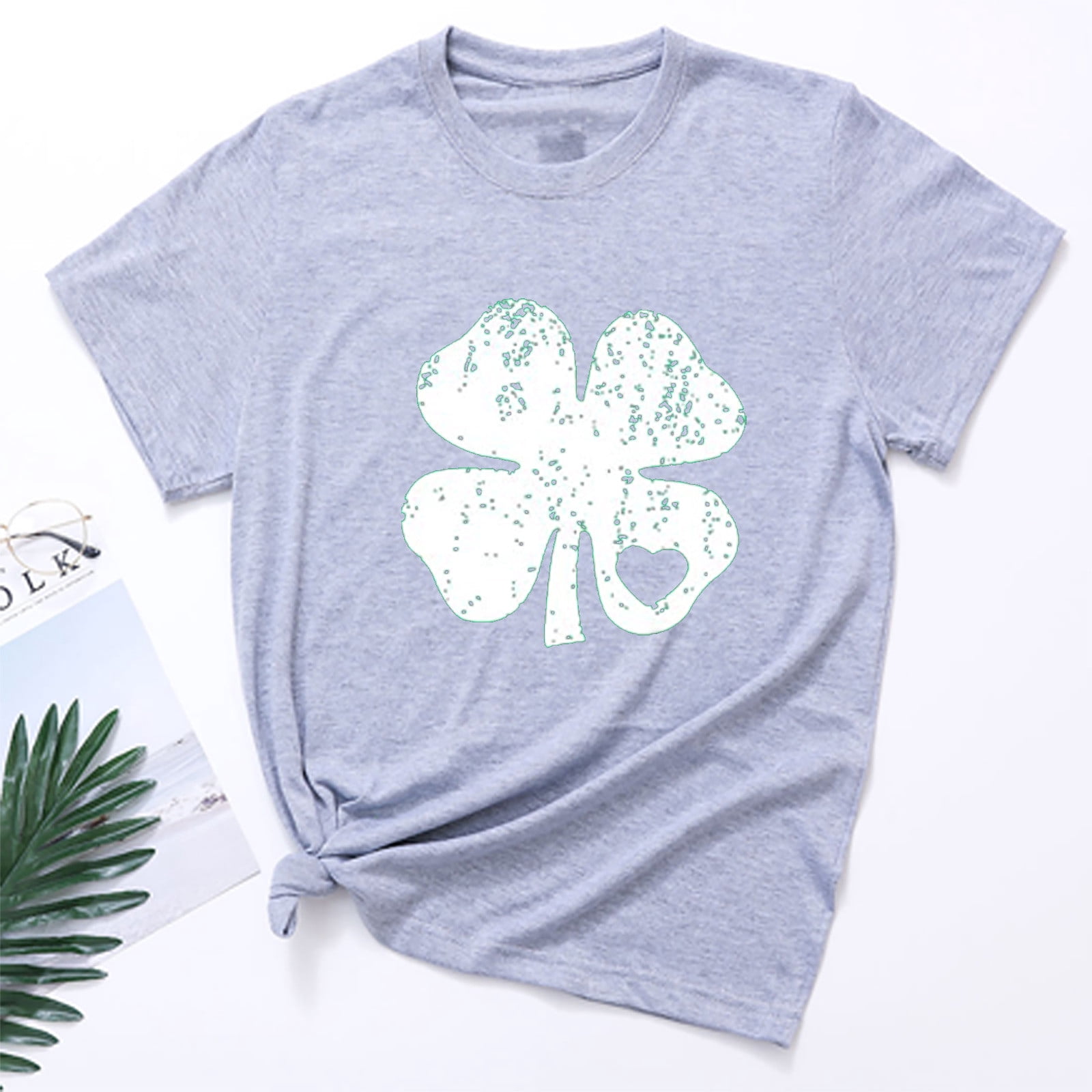 BONIXOOM Womens Pajamas St. Patrick's Day Fashion Women's Round Neck Shirt Tees Short Sleeve T Shirt Printing Shirt Tops Blouse Workout Tops For Women Gray S