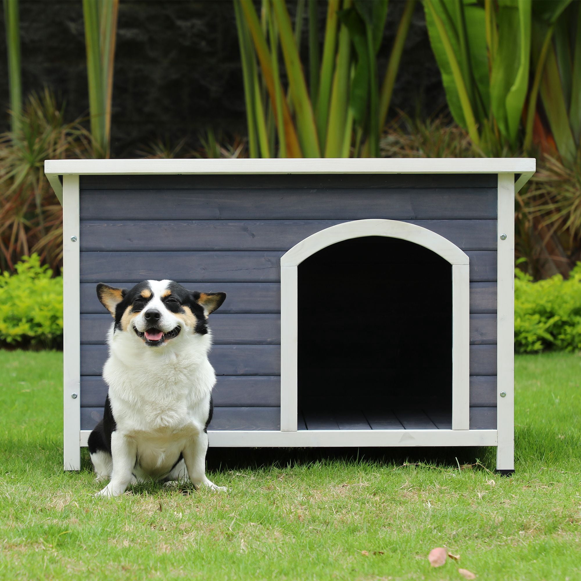 Pefilos 41" Width Outdoor Wooden Dog House for Medium Dogs with Raised Feet, Removable Floor Weatherproof Pet Cat House, Gray