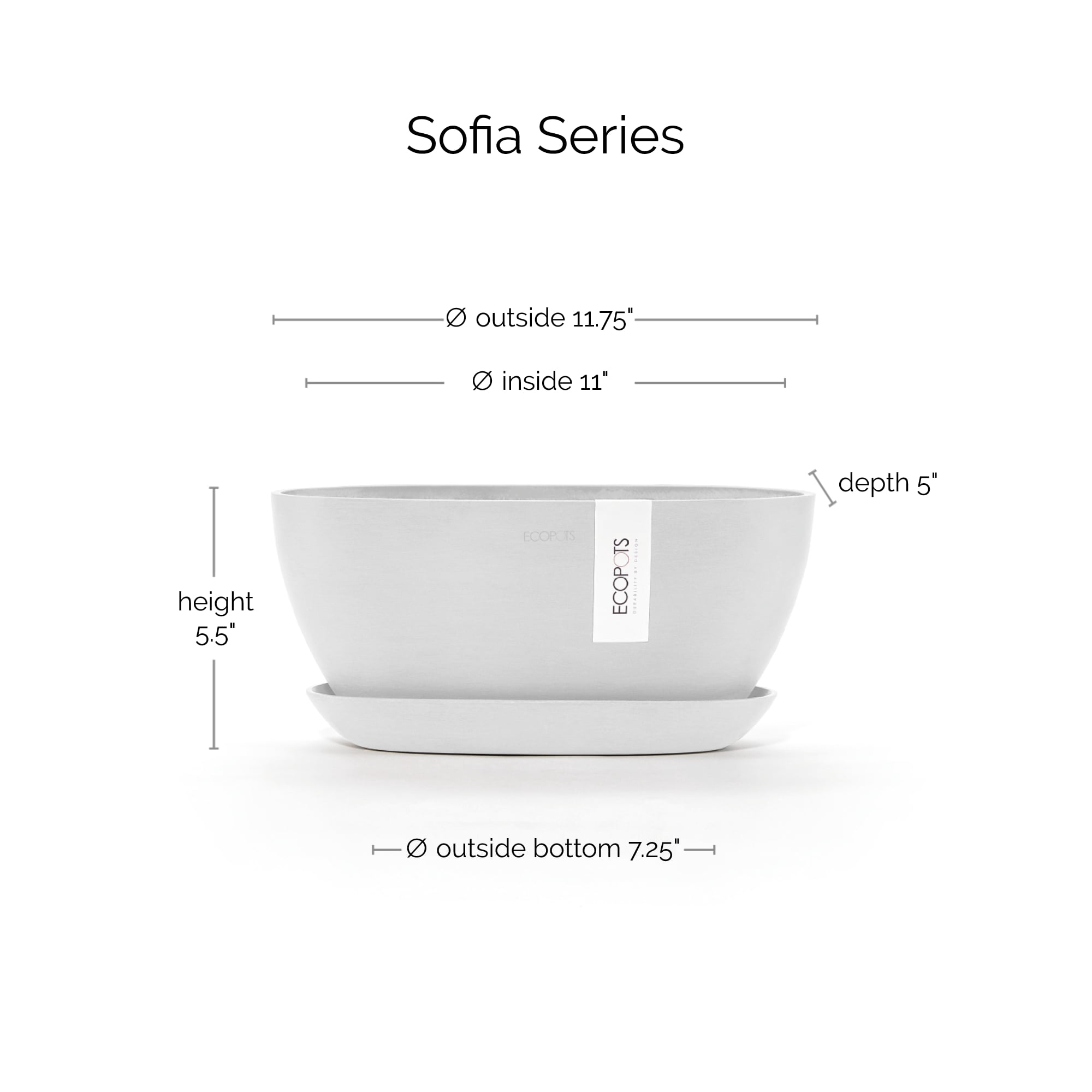 Ecopots Sofia Durable Modern Oval Indoor/Outdoor Recycled Based Composite Flower Pot Planter w/ Water Reservoir, Pure White, 12"