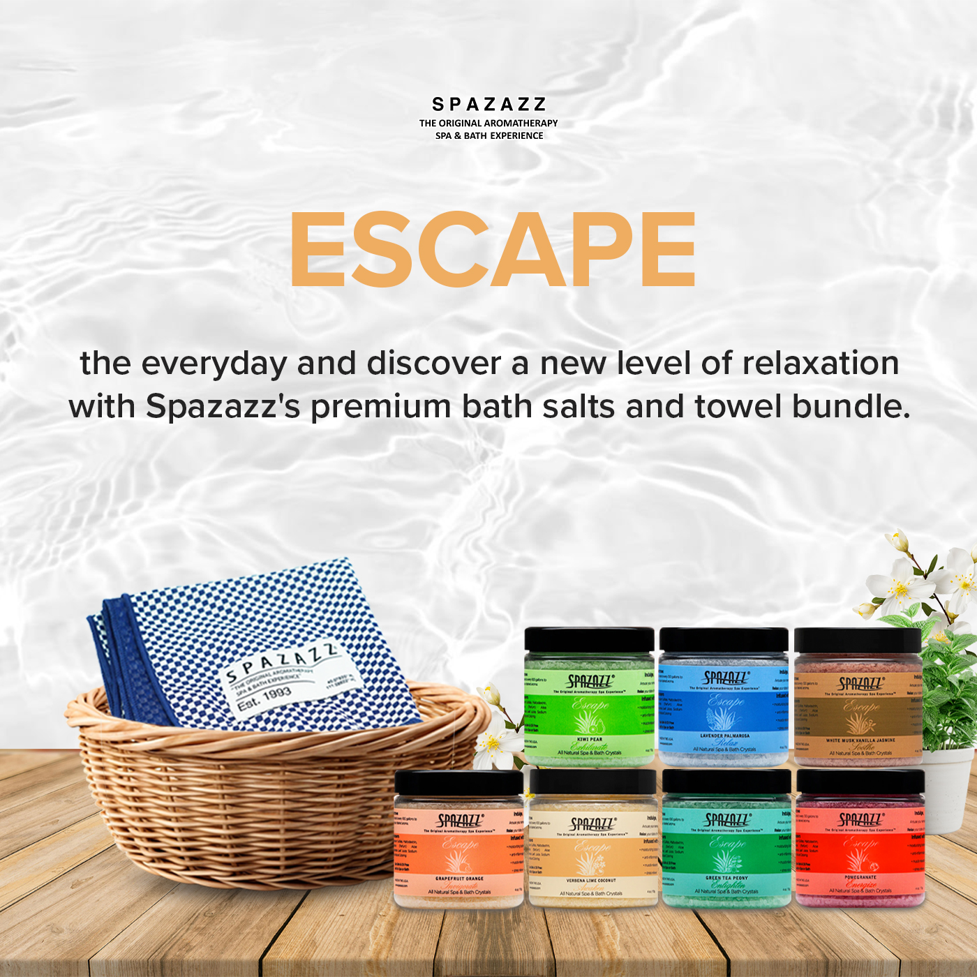 Hot Tub & Spa Bath Salt Aromatherapy Crystals - Spazazz Escape Collection 4 Oz 7-Pack Sampler & Hot Cold Towel