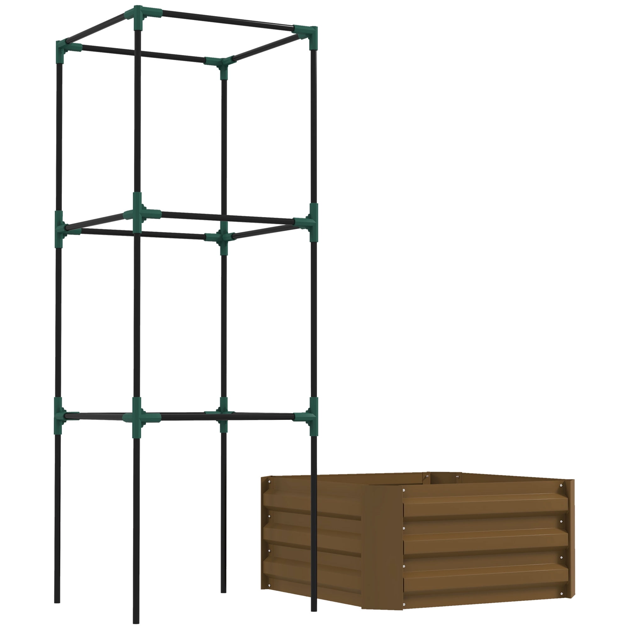 Homiyad Galvanized Planter Box, 24" x 24" x 11.75" Raised Garden Bed with Tomato Cage for Climbing Vines, Brown