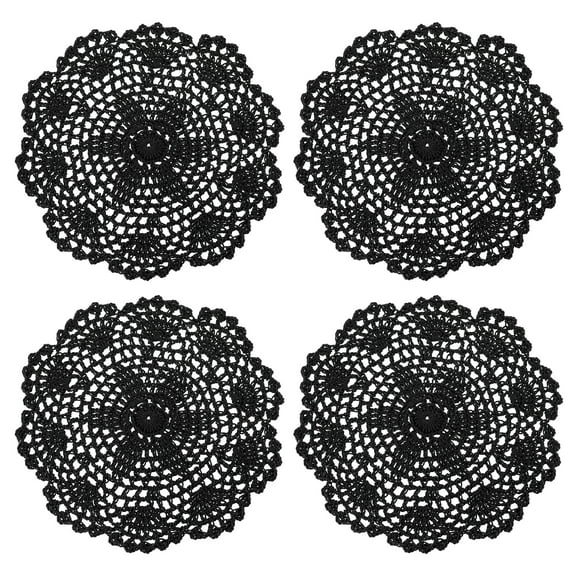 Lace Doilies, 4pcs 8" - Cotton Woven Round Crochet Coaster, Floral Design Fabric Handmade Placemat for Drink Wedding Party Decoration (Black)
