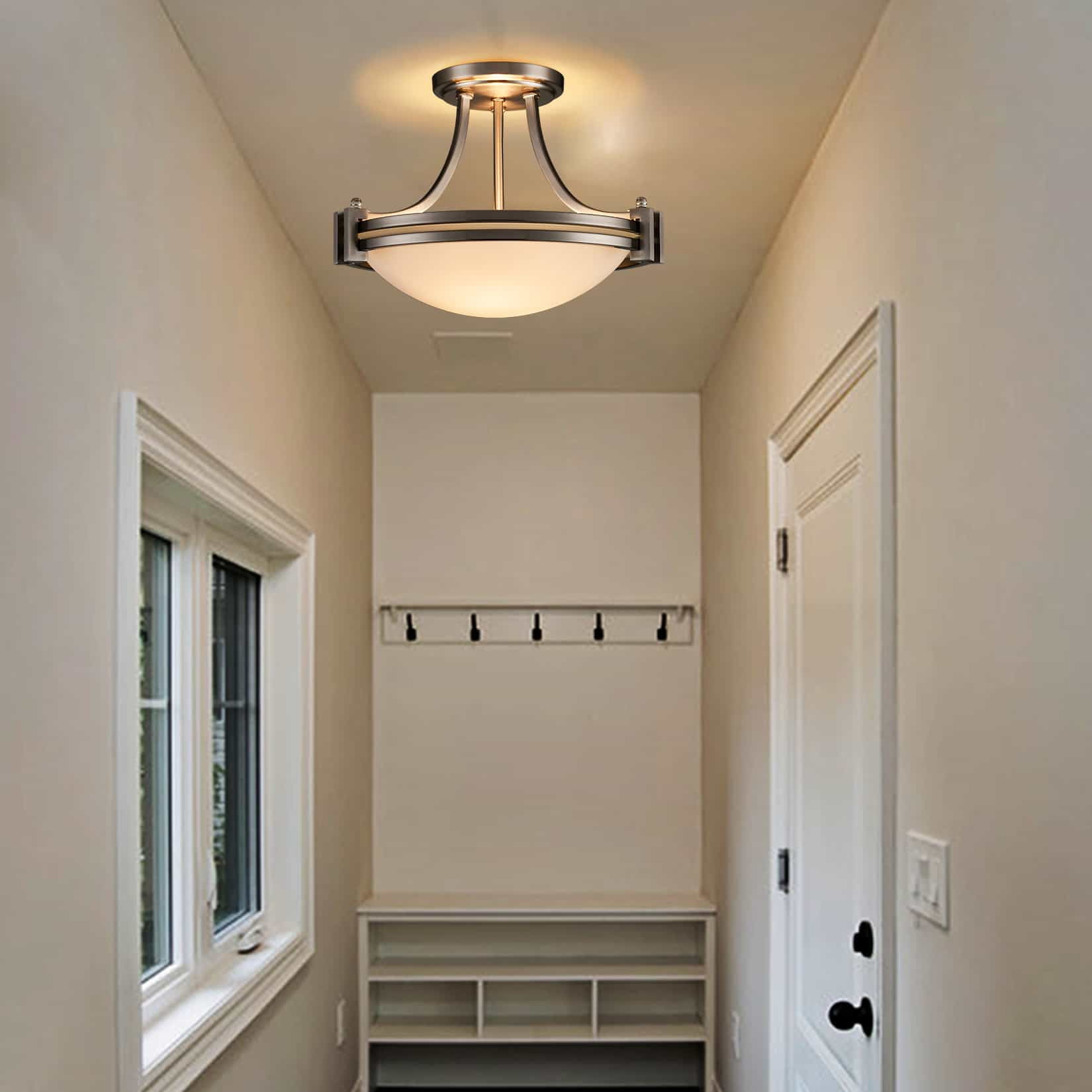 Brushed Nickel Semi Flush Mount Light 2-Light Milk Glass Ceiling Light Round Shape