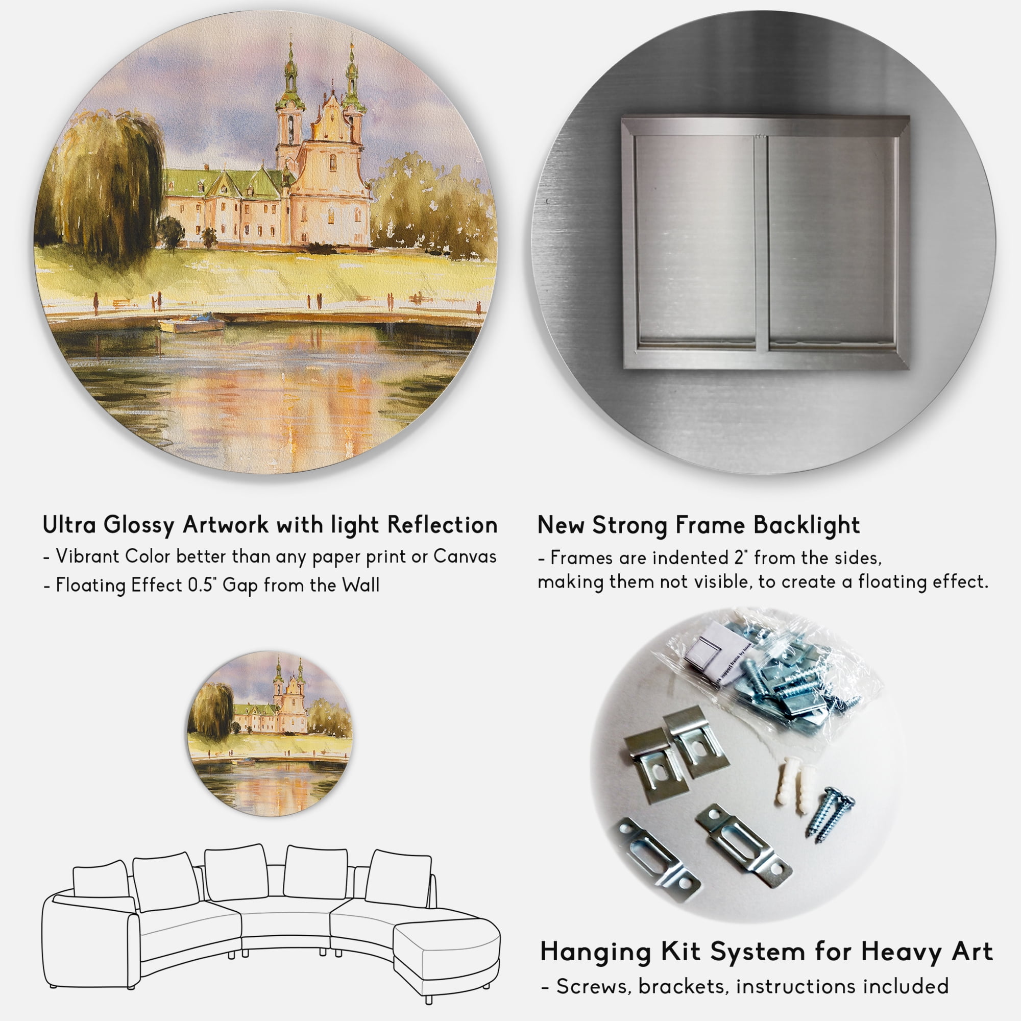 Designart 'Historical Church On The Rock On Banks of The River' Lake House Circle Metal Wall Art 29x29 - Disc of 29