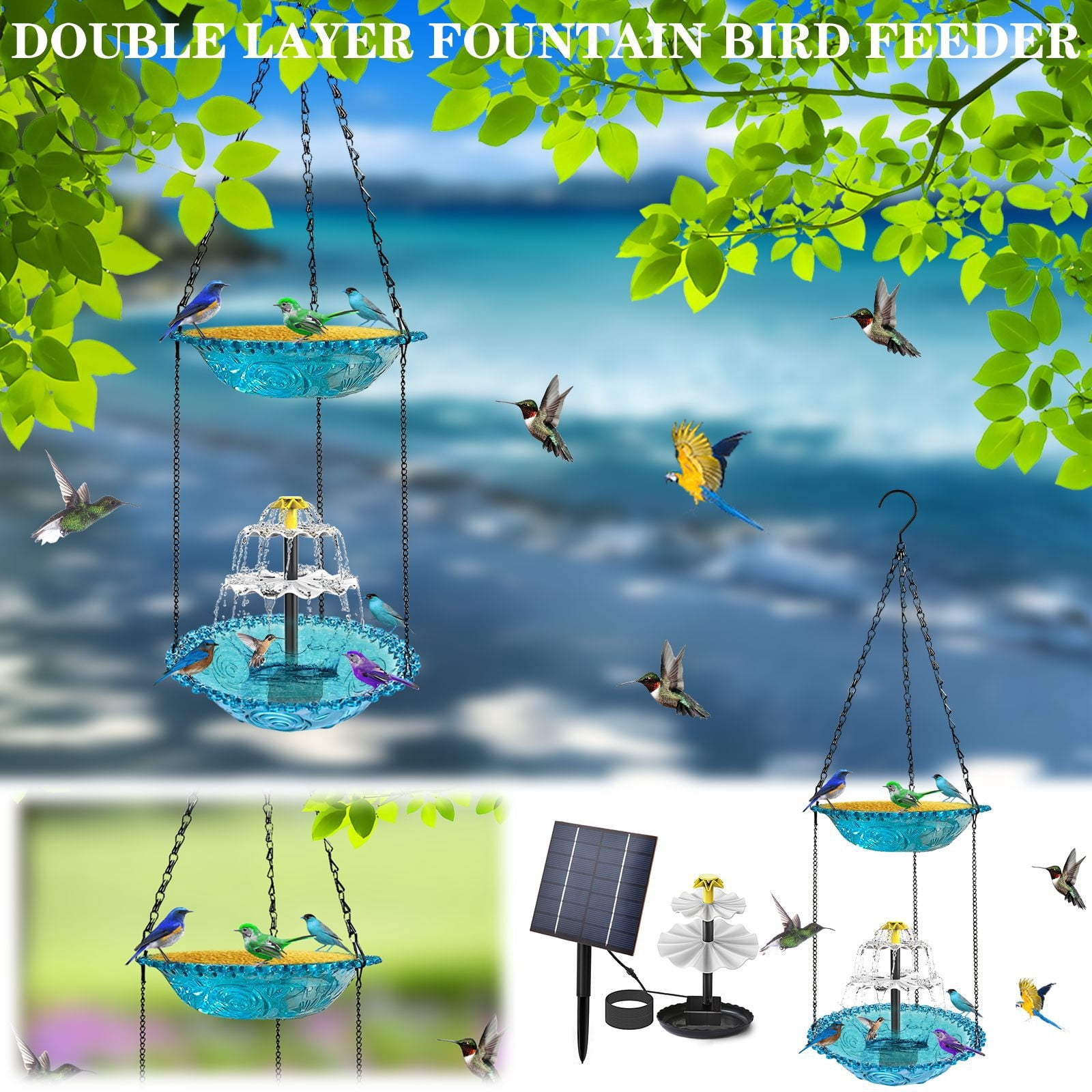 Solar Cascade Hanging Bird Bath Fountain, Double Layer Outdoor Hummingbird Bath with Feeder, Solar Powered Birdbath Water Kit, Decor for Patio Yard Garden