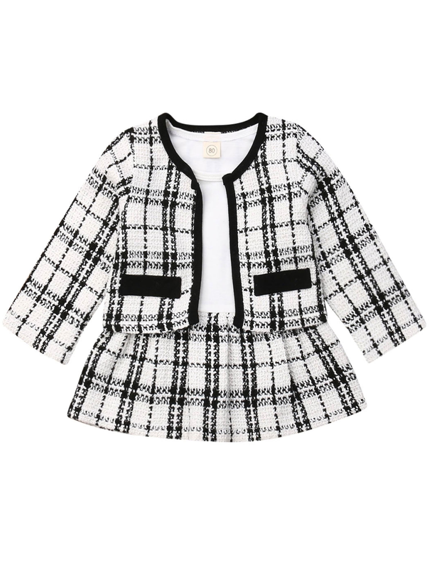 Long Sleeve One-Piece Dress Fall Spring Clothes Set Amberetech Toddler Baby Girls 2PCS Princess Skirt Set Plaid Jacket Coat