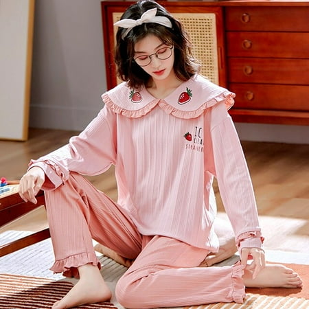 

QWZNDZGR Spring Autumn New Women s Pajamas Sets Long sleeved Cartoon Casual Pajamas Knitted Cotton Home Sleepwear Loungewear Set M-XXXL