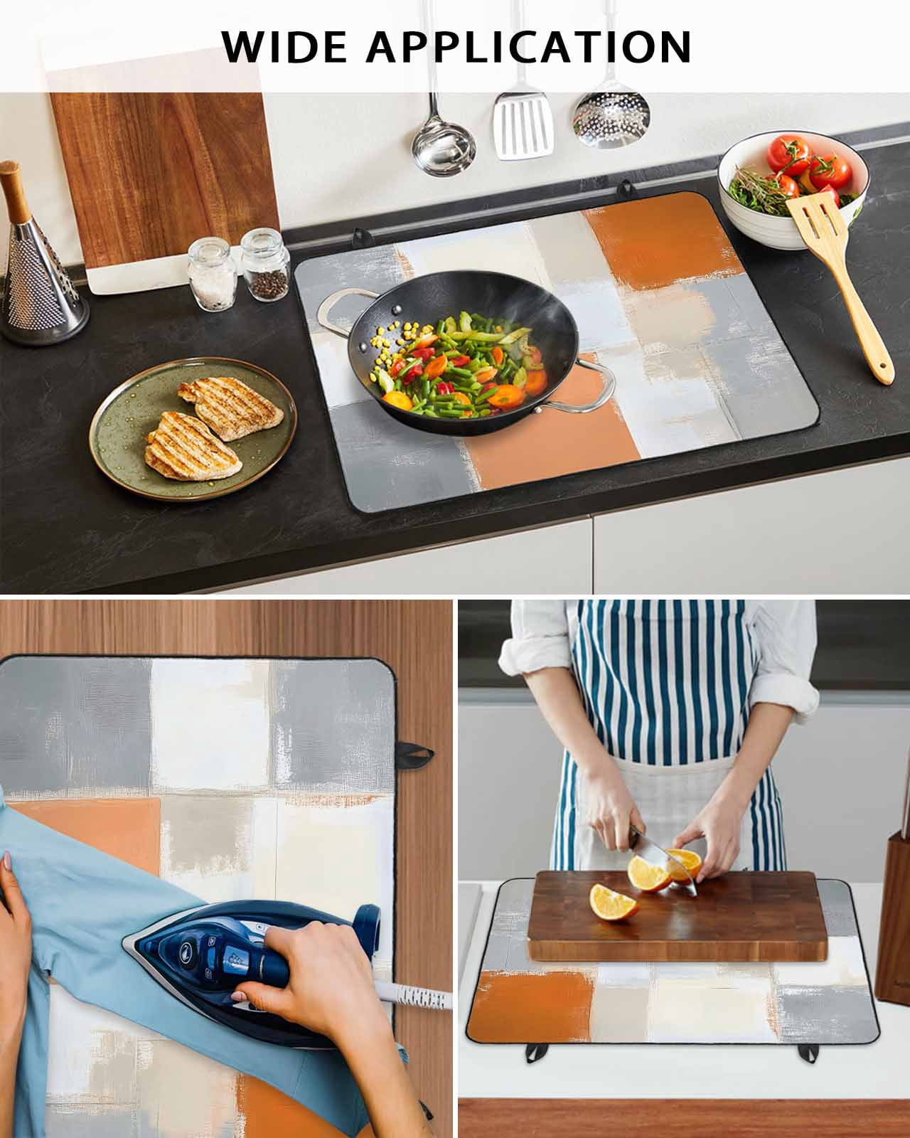 nqOlkjepod Large Induction Cooktop Protector Mat 24"x21", Modern Orange Beige Stove Top Covers for Electric Stove, Abstract Oil Painting Grey Color Blocks Stove Burner Cover Mats Stove Cover