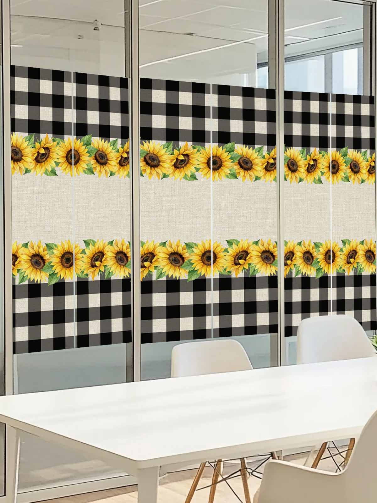 Sunflowers Window Privacy Film, Retro Country Floral Linen Texture Black Plaid Frosted Glass Window Clings Static Cling UV Heat Blocking Reusable Door Sticker for Bathroom 23.6 x 59 Inch