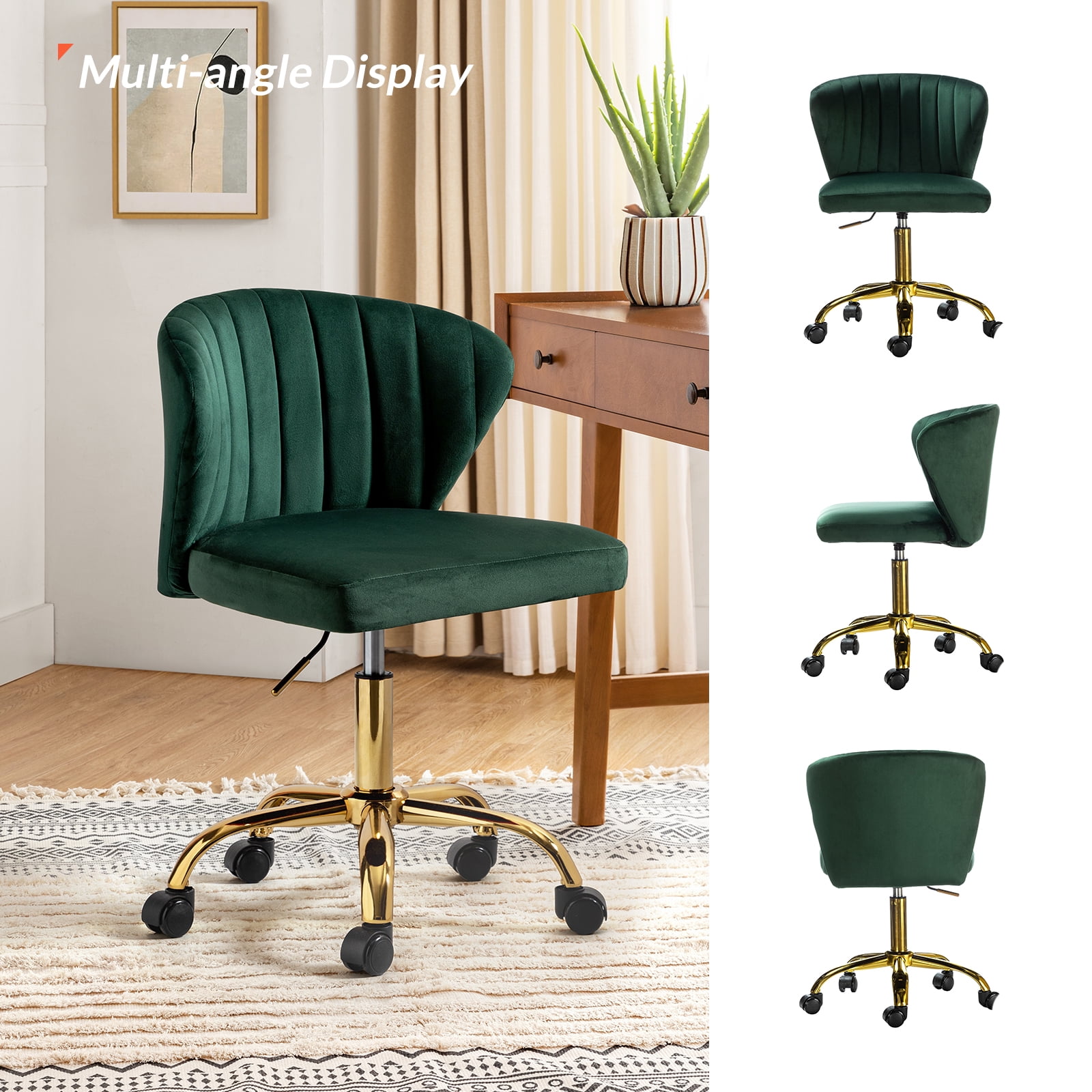 Velvet Swivel Task Office Chair, Tina's Home Adjustable Rolling Tufted Back Metal Leg Teen Green