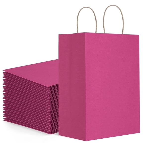 BagDream 100 Pack Medium Pink Valentine's Day Gift Bags with Handles, 8x4.25x10.5" Kraft Paper Wrapping Bags Goodie Candy Gift Bags for Anniversary Wedding Party Favors Supplies