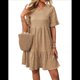 thumbnail image 1 of Vestidos de Verano para Mujer 2025, Cuello Redondo, Abullonada, Cintura Alta, Fruncido, Corte A, Holgados, Midi, Caqui, XXL, 1 of 9