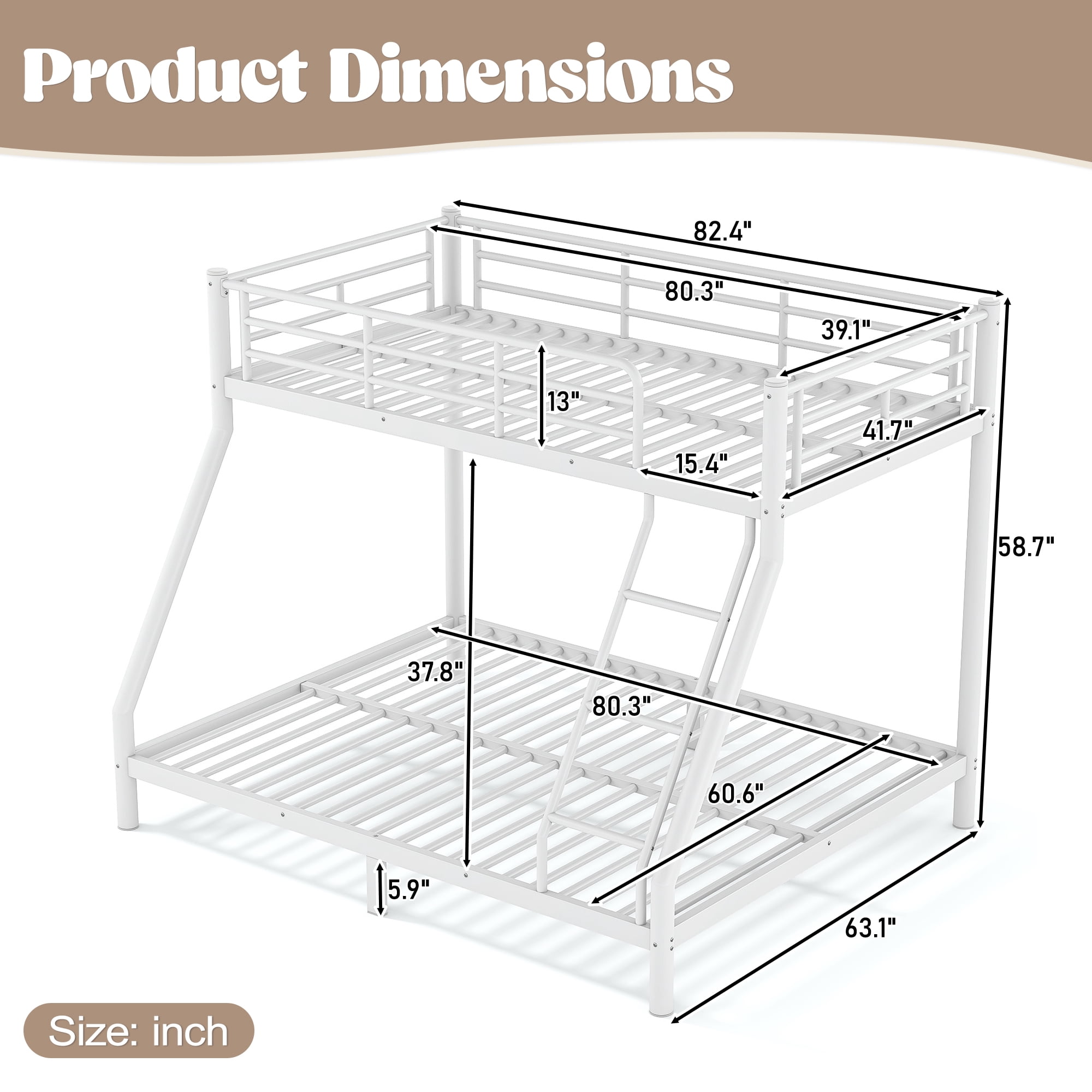 GARITIN Twin XL Over Queen Size Metal Bunk Bed 82.4 Inch, Bunk Bed Frame with Ladder and Guardrails for Teens Adults, White