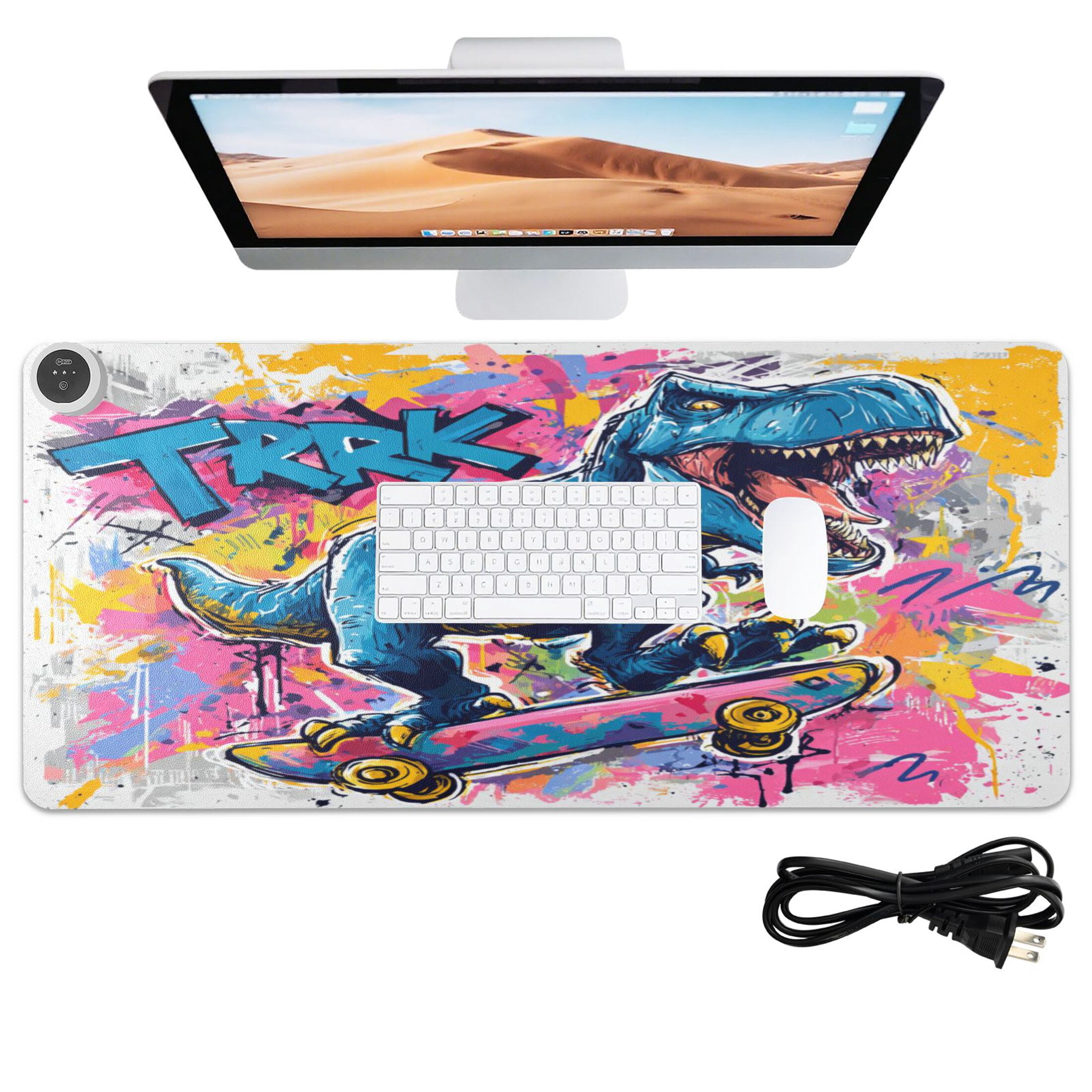 Large Heated Desk Mat Mouse Pad 31.5"x13"PU Leather Graphene Heating Desk Warmer with 3 Temperature Settings 110V US Plug Non-Slip Warm Pad for Home, Office, and Gaming Street Art Dinosaur Design