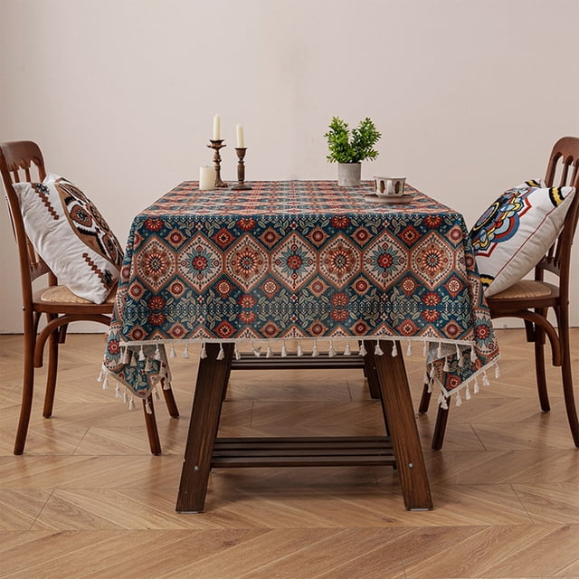 Fesfesfes Boho Tablecloth for Square Tables,Fringed Edges with Geometric Pattern Tablecloths,Floral Table Cover Cloth Decorative for Kitchen Dining Room