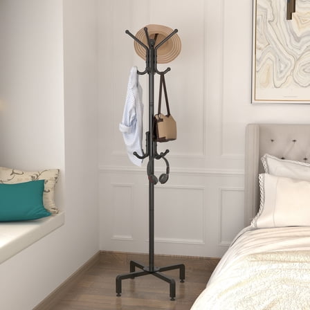 12-hook coat and hat rack: freestanding for hallway/living room, assembled, simple organizer/display, household furniture, multi-hook, black