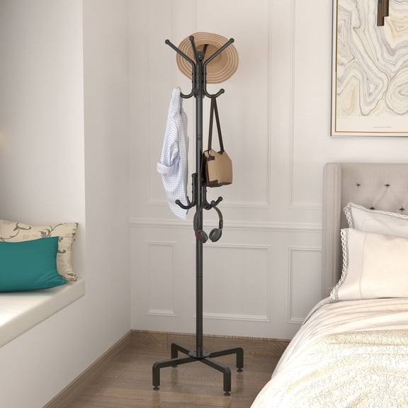 12-hook coat and hat rack: freestanding for hallway/living room, assembled, simple organizer/display, household furniture, multi-hook, black