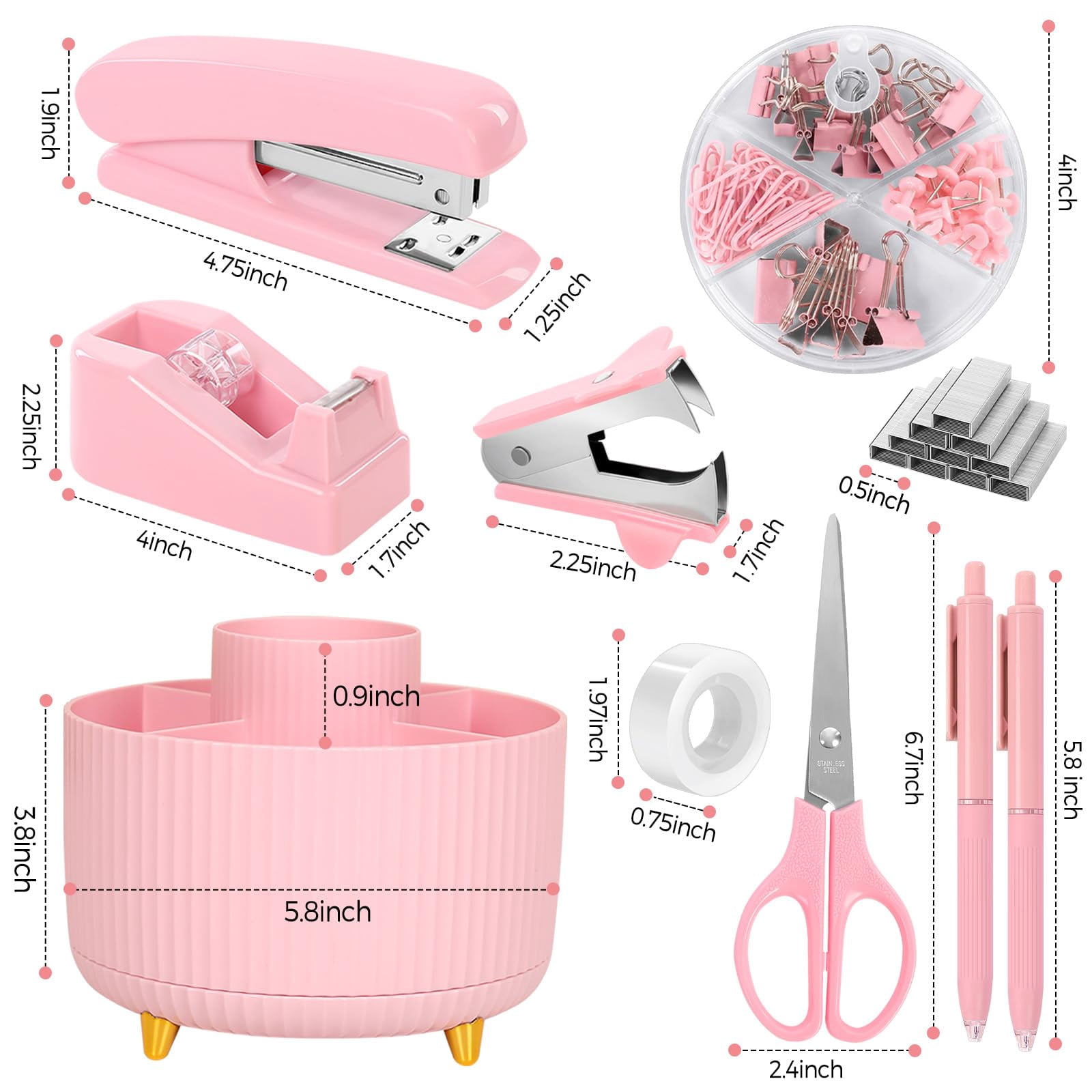 Pink Office Supplies Set  Pencil Holder For Desk Gel Pen Stapler Tape Dispenser Clips And 1000pcs Staples Decor Women Accessories