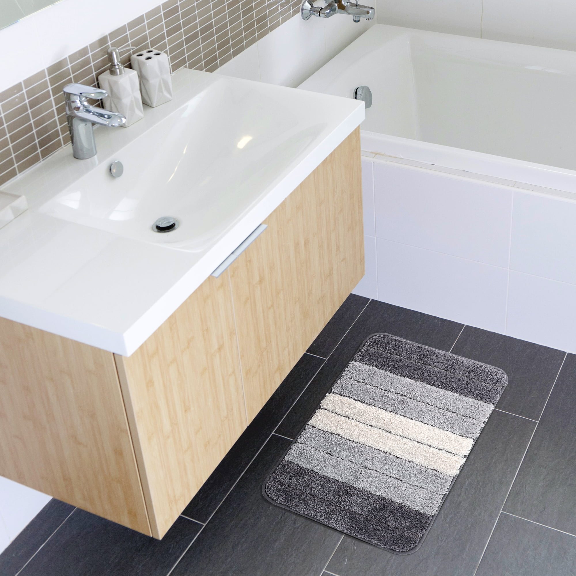 PiccoCasa Microfiber Striped Bathroom Rugs Shaggy Soft Thick and Absorbent  Bath Mat Light Gray 16x24