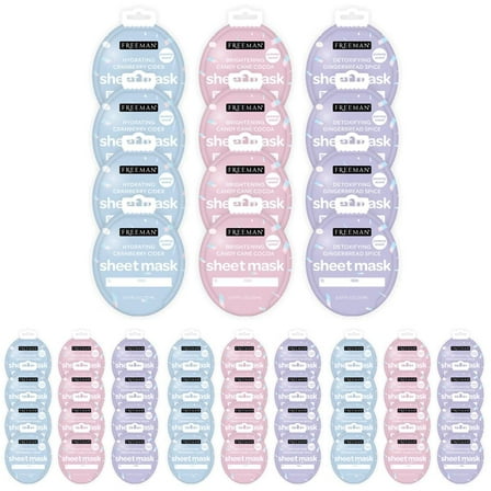 FREEMAN Limited Edition Christmas Sheet Masks, Brightening Candy Cane, Hydrating Cranberry Cider, Detoxifying Gingerbread Spice, Multicolor, Cacao, 12 Count (Pack of 4)