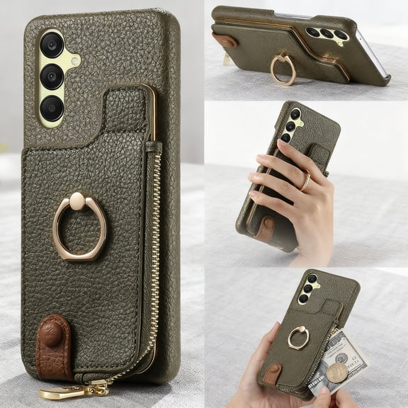 Compatible for Samsung Galaxy S24 Plus Wallet Case with RFID Blocking, Zipper PU Leather Purse Case Ring Holder Stand with Card Holder, Shockproof Protection Magnetic Car Mount Cover - Armygreen