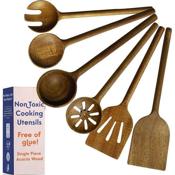 Non-Toxic Cooking Utensils 6-Piece, Glue-Free & One-Piece Wooden Spoons, Natural Wooden Set with Plant-Based Finish, Free of Chemicals.