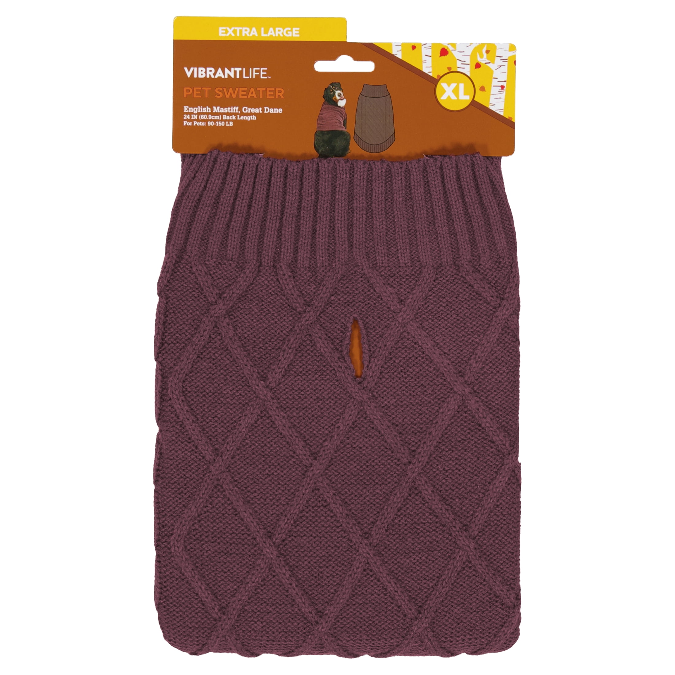 Vibrant Life Cable Knit Dog Sweater, Plum, XL, Among Other English Mastiff, Great Dane