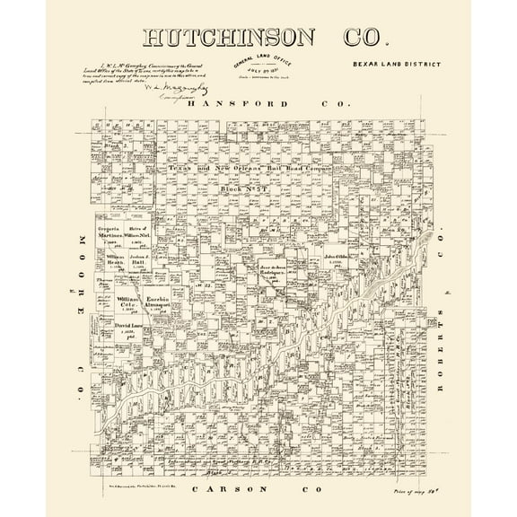 Historic County Map - Hutchinson County Texas - McGaughey 1891 - Vintage Wall Art