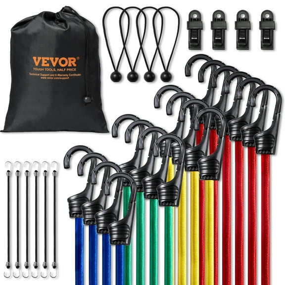 VEVOR 32 Piece Bungee Cords Assortment, 8 mm Heavy Duty Bungee Straps with A3 Steel Hooks, Including 10", 24", 32", 40", 48", Bungee Ropes Set with Portable Storage Bag, 4 Clips & Canopy Ties