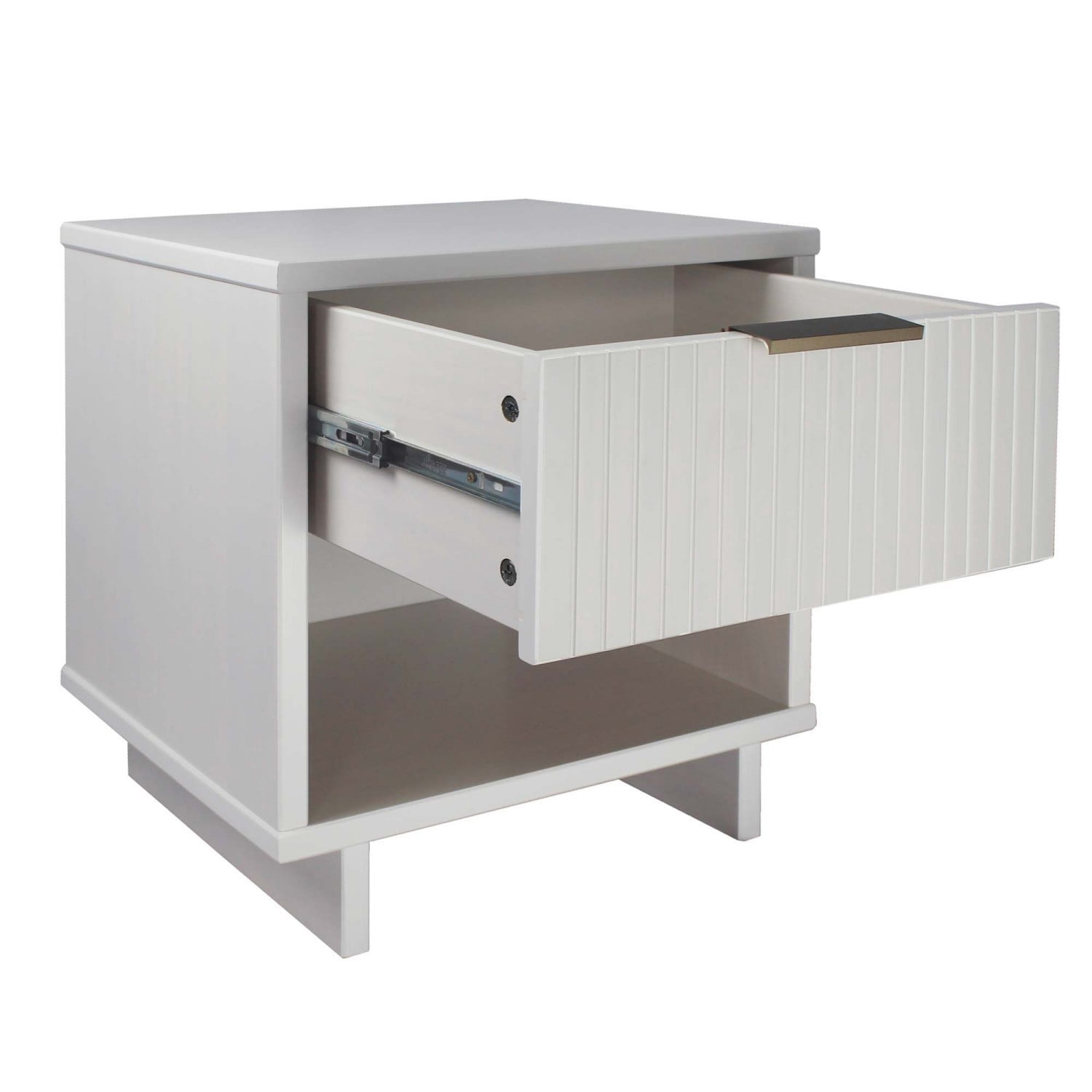 White Nightstand, Modern Contemporary Bedside Table with 1 Drawer, Solid Wood Ribbed Drawer Front and Gold Handle, Glam Storage End Table for Bedroom Living Room