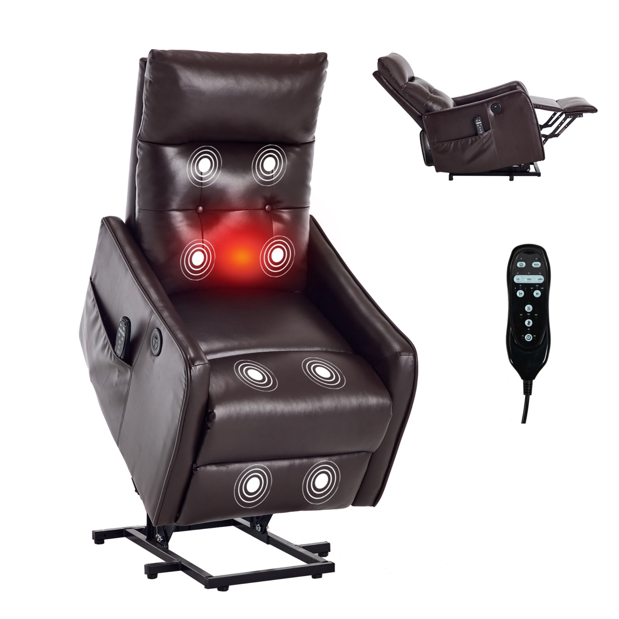 Aukfa Leather Power Lift Recliner Chair for Elderly, Single Motor Electric Chair with Massage, Heat & USB Charging Port, Dark Brown