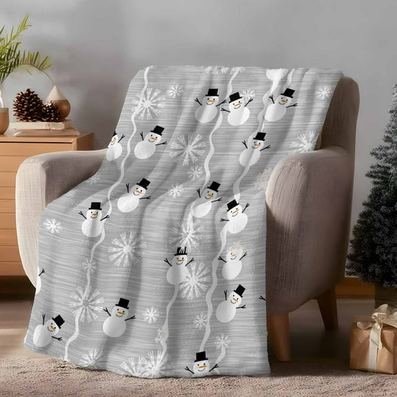 Throw Blanket Fleece Throw Blanket 40x50in, Christmas Snowman Snowflakes Soft Lightweight Bed Blankets Gray and White Fuzzy Couch Blankets for All Season