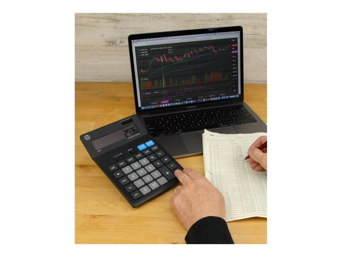 HP 12-digit Solar Powered Desktop Calculator - Plastic Keytop, Backspace Key, Decimal Point Selector Switch, Rounding Selector, Dual Power - 1 Line(s) - 12 Digits - LCD - Battery/Solar Powered