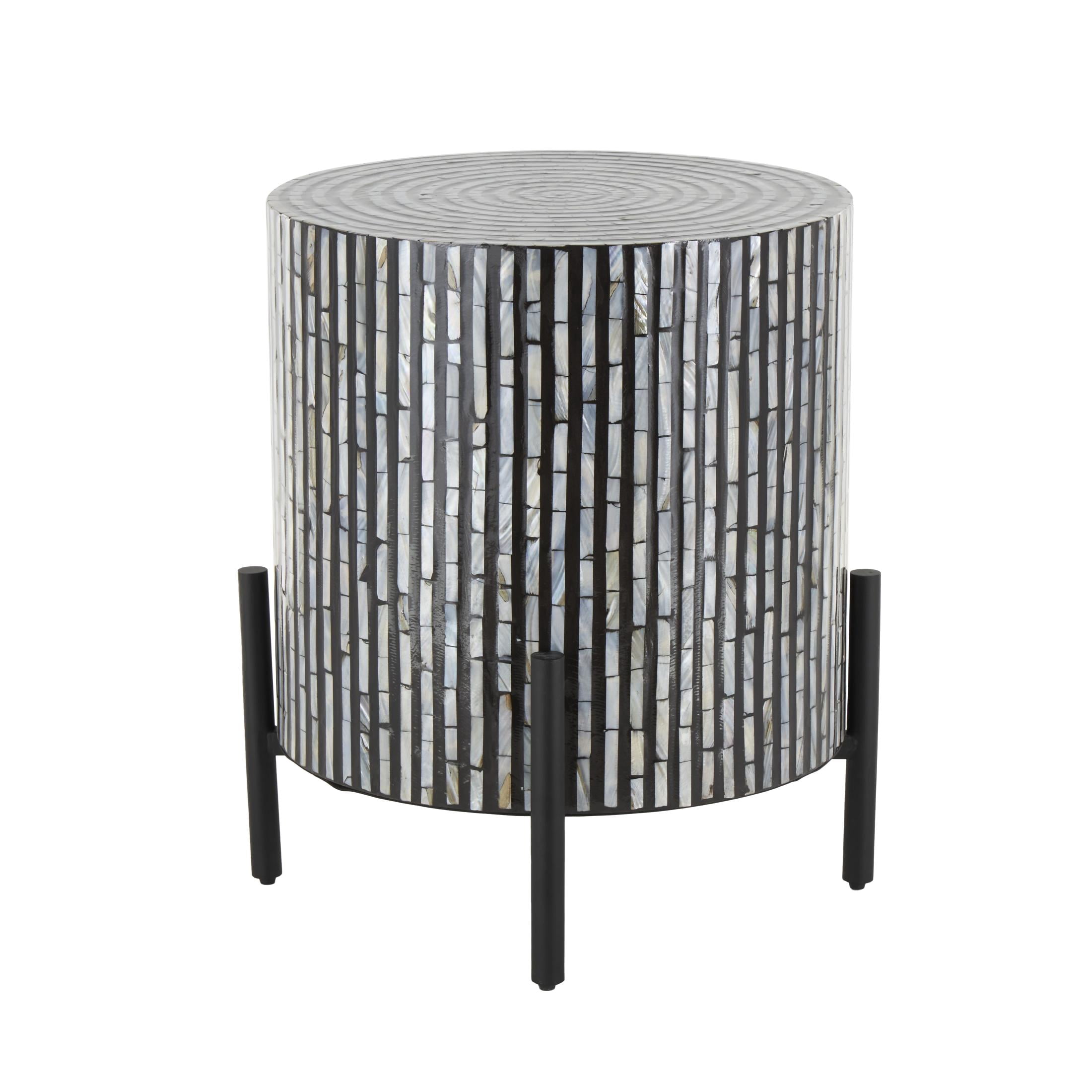 DecMode 18" x 22" Multi Colored Mother of Pearl Shell Handmade Mosaic Inlay Geometric Accent Table with Black Metal Legs, 1-Piece