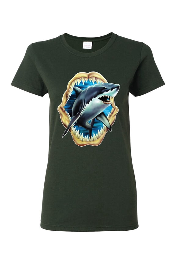 Ocean Shark Big Mouth Womens Graphic T-Shirt, Forest Green, Large