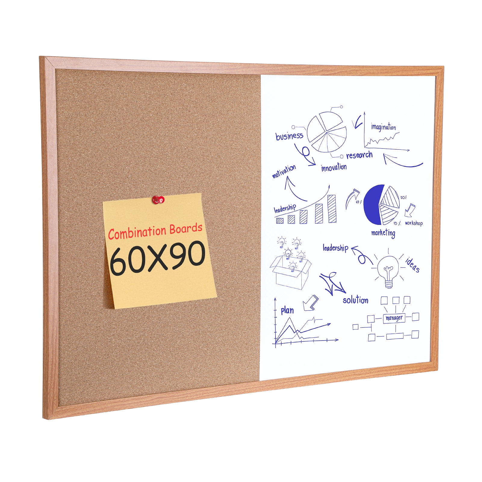 Yedigre Dry-Erase Cork Board Combo, Magnetic Whiteboard And Bulletin Board Combination, Wooden Frame Vision Board with Markers Push Pins for Office Home School