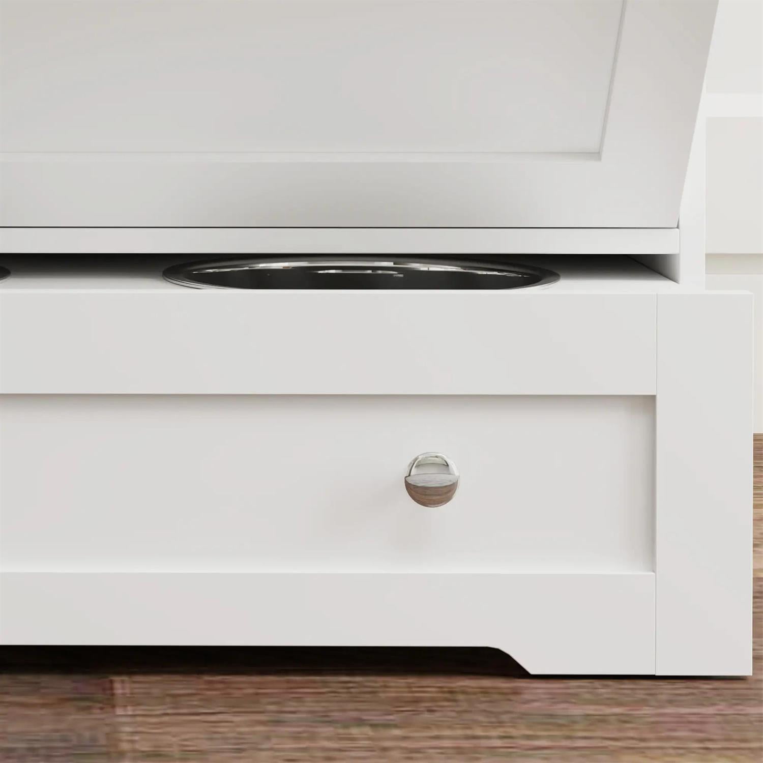 Pefilos 39" Modern Pet Feeding Station Furniture with 2 Storage Cabinets, 2 Elevated Dog Bowls, Side Hooks, Anti-tip Kit, Pet Food Storage Cabinet, Pet Toy Storage Organizer, White