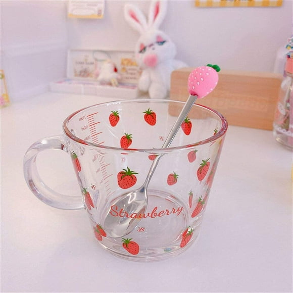 Cute Strawberry Peach Holding Cup Glass Cup Breakfast Cereal Student Girl Milk Coffee Oatmeal Heat Resistant Kawaii Mug (Red)