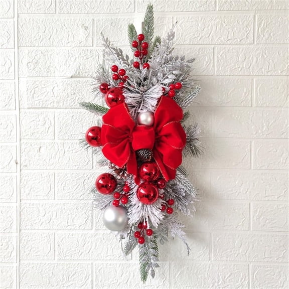 GIXUSIL Christmas Swags Wreaths with LED Lights for Front Door, Xmas Stairway Gift, Christmas Decorations, Artificial Winter Garland with Bow Balls, Stair Window Outdoor Indoo Xmas Decor