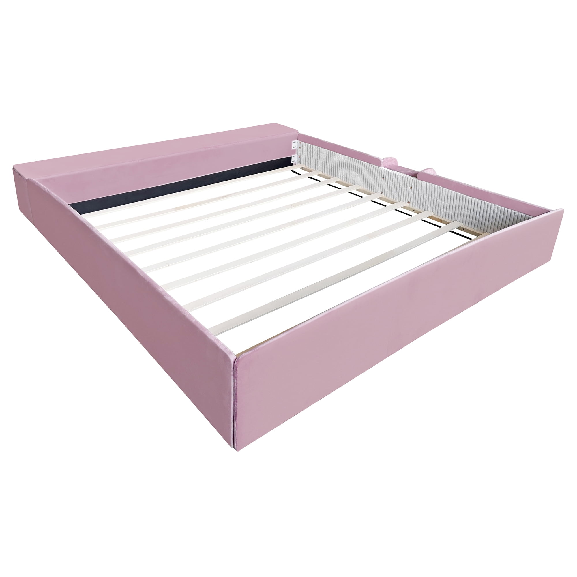 Leumius King Size Floor Bed Frame with Stairs & Gas Lift Storage Ottoman, Velvet Upholstered Daybed with Padded Guardrails, Pink+White